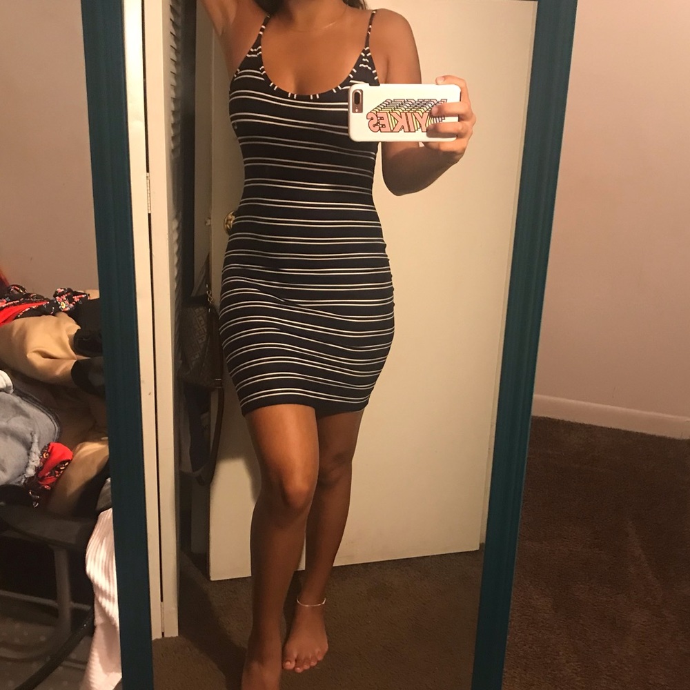 Navy blue and white striped dress